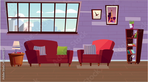 Living room with blue sofa and pillows. There is also a big window, pictures and a vase in the image. Vector flat illustration.
