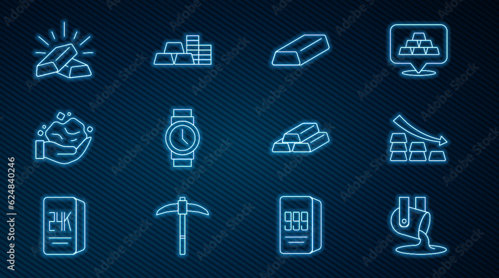 Set line Molten gold being poured, Falling arrow with bars, Gold, Wrist watch, nugget, and coin icon. Vector Set line Molten gold being poured, Falling arrow with bars, Gold, Wrist watch, nugget, and coin icon. Vector