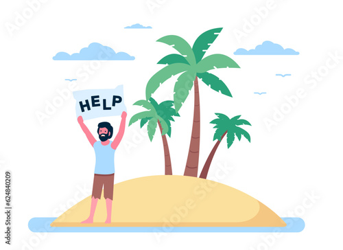 Man asks for help on uninhabited desert island. Lonely shipwreck survivor. Standing male with SOS message. Tropical palm trees and marine sandy coast. Lost in ocean. Vector concept