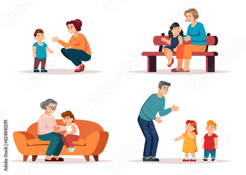 Parents talking, relationship, kids education concept. mothers, fathers, grandparents talking and supporting children. vector cartoon characters