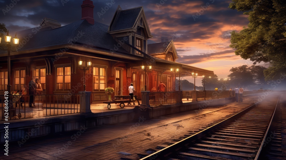 Fototapeta premium A historic train station photo realistic illustration - Generative AI.