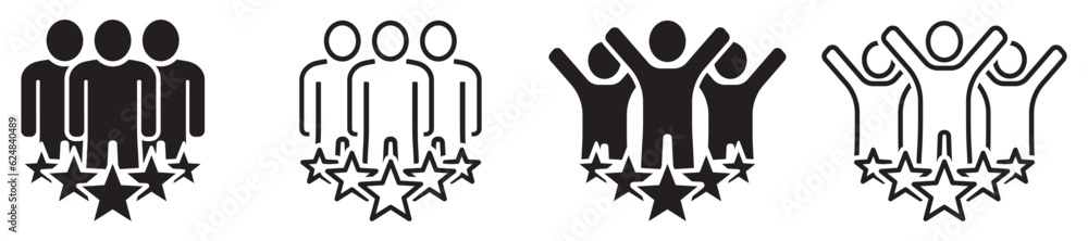 Set of icons business client and group of happy people. Team service satisfaction review symbols, business evaluation concept, consumer quality rating signs. People group with 5 stars, rating. Vector. Set of icons business client and group of happy people. Team service satisfaction review symbols, business evaluation concept, consumer quality rating signs. People group with 5 stars, rating. Vector.