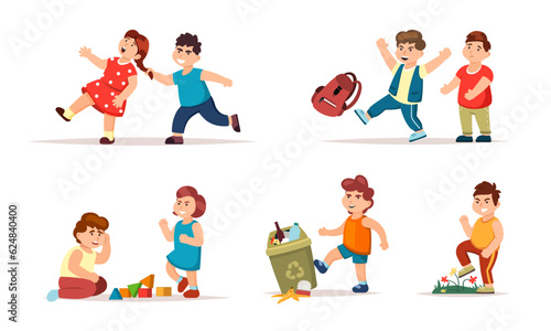 school bullying situations. conflicts between children, classmates violent mockery concept. vector cartoon children bullies characters