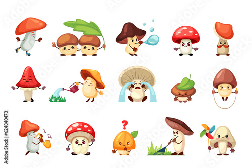 cute mushrooms funny character set. toadstools, honey mushrooms, baby mushrooms in different poses, emotions. vector cartoon characters