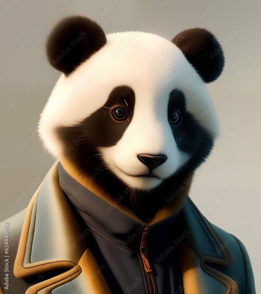 anthropomorphic panda bear cartoon animal in coat. Ai generated image. anthropomorphic panda bear cartoon animal in coat. Ai generated image.