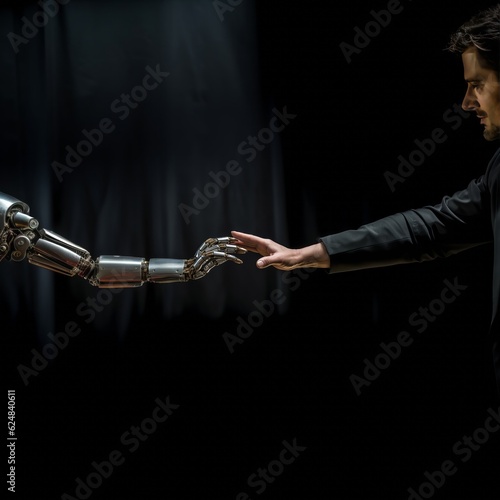 A stern young man in a black suit almost touches the metallic hand of a robot. This ambiguous near-contact symbolizes both immense technological contribution and future fear of machine dominance.