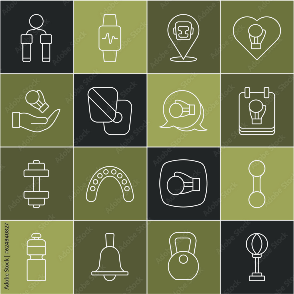 Set line Punching bag, Dumbbell, Boxing glove, helmet, training paws, Jump rope and icon. Vector Set line Punching bag, Dumbbell, Boxing glove, helmet, training paws, Jump rope and icon. Vector
