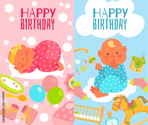 Newborn kids accessories banners. Baby shower posters. Little girl and boy. Childish care and feeding supplies. Happy toddlers birth. Toys and infant bed. Babyhood card. Splendid vector set