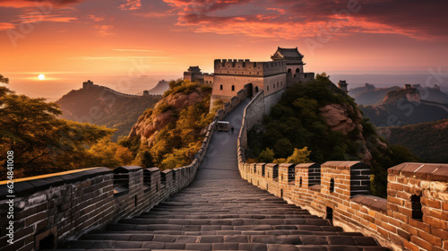 Majestic Great Wall of China at sunset,panoramic view. Generative AI. photo