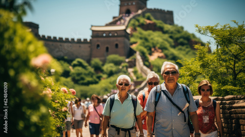Asian senior tourists visiting the Great Wall of China in Beijing, China. Generative AI.