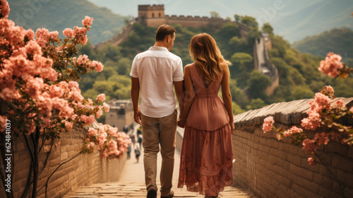 Young couple walking on the Great Wall in Beijing  China. Tourists looking at the view. Generative AI.
