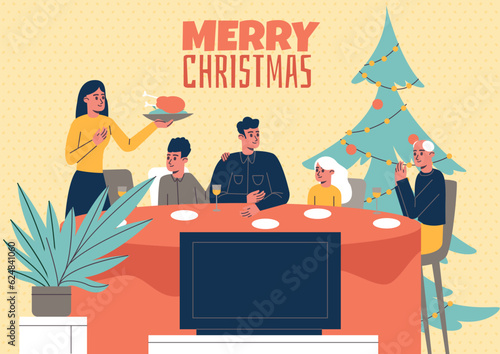 People at Christmas dinner. Xmas party. Happy family watching TV at holiday table. Parents and kids gatherings. New Year waiting. Winter celebration. December tradition. Vector concept