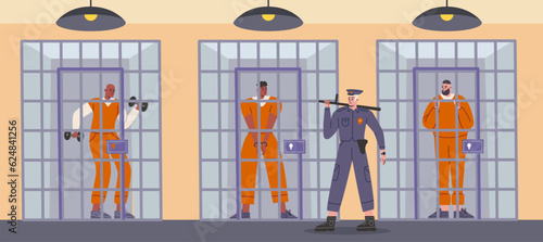Prison detention cells. Detour of prisoners. Guard checks convicted criminals. People in jumpsuits behind bars. Serving term. Jailhouse cage. Imprisoning lawbreakers. Vector concept