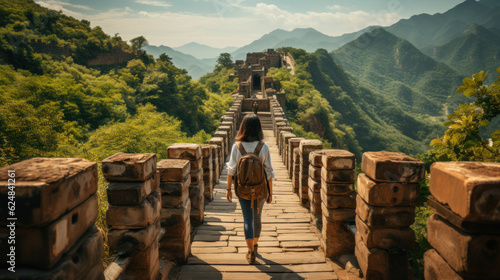 Fotografia Beautiful asian woman walking on the Great Wall in China