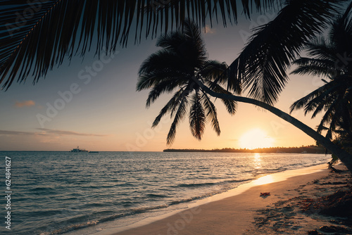 Fototapeta Naklejka Na Ścianę i Meble -  Tropical island beach with palm trees on the Caribbean Sea shore at sunrise