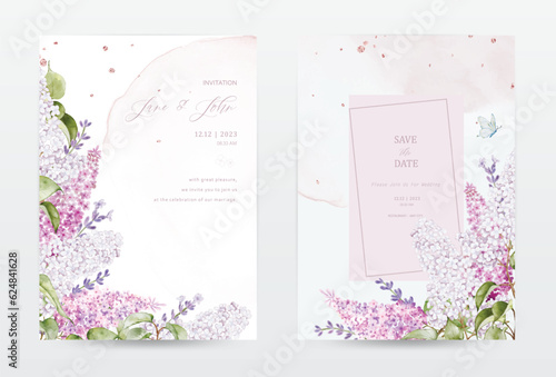 Set of pastel pink watercolor invitation cards with lilac flower