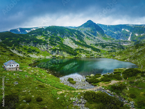 Aerial panoramic view of Seven Rila lakes and waterfalls in nature of mountain range, hiking, trekking and tourism in Bulgaria © ValentinValkov