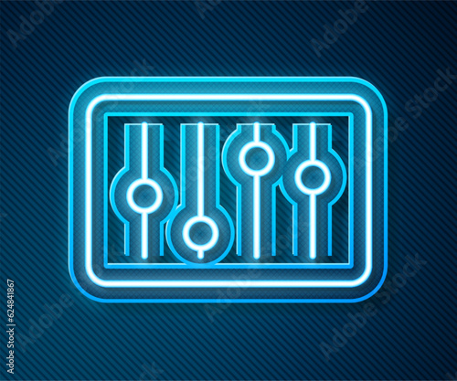 Glowing neon line Sound mixer controller icon isolated on blue background. Dj equipment slider buttons. Mixing console. Vector