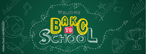 Back to school vector design. Welcome back to school in doodle hand-drawn education icon with Text Effect drawing in chalkboard background. Vector Illustration, banner, social media, and flyer.
