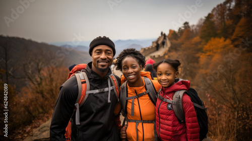 Happy african american family hiking in the Great Wall of China and looking at camera. Generative AI.