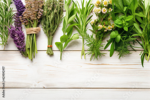 Top view of healing herbs and flowers with leaves lying on white wooden boardwalk vintage surface with copy space. Banner template picture frame herbal healing and natural medicine.