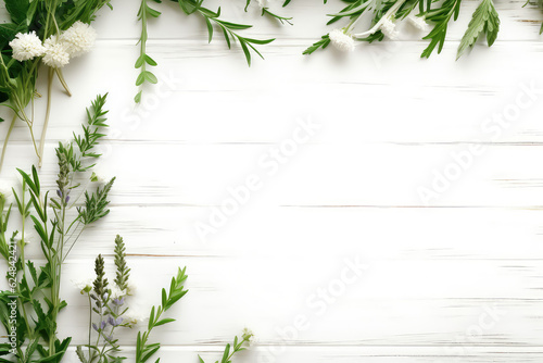 Overhead view of healing herbs and flowers with leaves lying on white wooden boardwalk vintage surface with copy space. Banner template picture frame herbal healing and natural medicine.