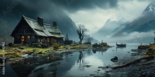 A cabin sits on the shore of a mountain lake. Generative AI. © tilialucida