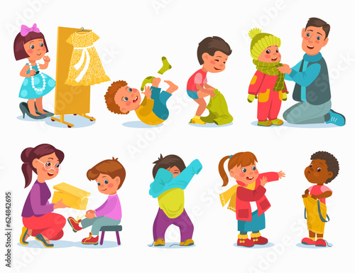 Young fashionistas try clothes. Little children dress up and undress. Kids wear jackets and trousers. Boys and girls put on shoes. Parents help babies with clothing. Splendid vector set