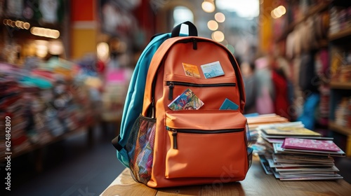 colorful backpack with a stack of textbooks inside 