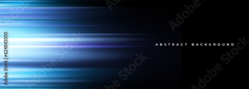 Black and blue wide modern abstract technology background with glowing high-speed and movement blue light effect. Vector illustration