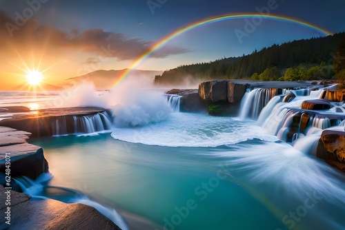 waterfall  cascading water crashing into a crystal-clear pool below  rainbows dancing in the mist