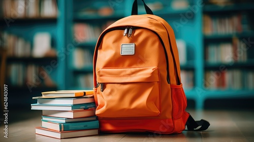 colorful backpack with a stack of textbooks inside 