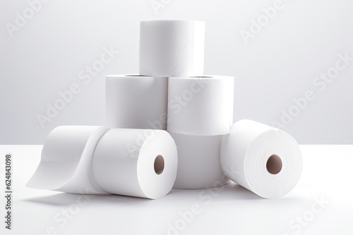 White rolls of toilet paper on a white background.