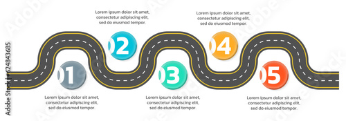 5 step road map info graphic design. Timeline infographic, modern business presentation template. Roadmap, winding path, street concept. Vector illustration.  