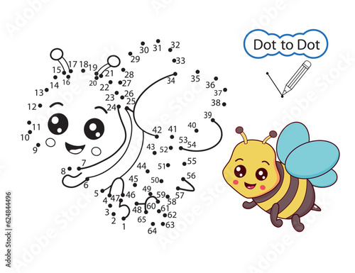 Kids game dot to dot. Activity education worksheet. Kids art game. Finish drawing image of cute bee. Children drawn riddle by numbers. Vector illustration.