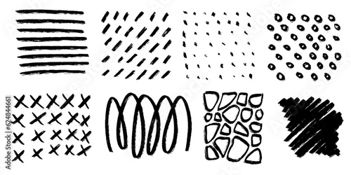 Abstract geometric patterns design with straight brush stroke, dotts s and bold lines. Hand drawn dry brush textures. Dashes, thin and thick lines. Grunge vector backgrounds. Simple geometric shapes.