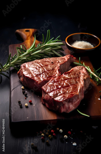 a piece of steak with rosemary and spices