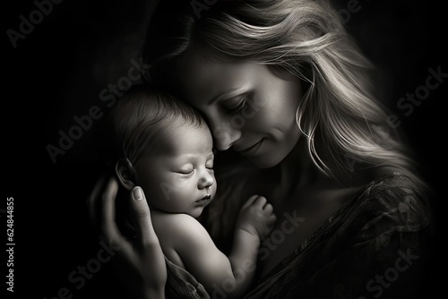 Mother hugging her newborn baby , loving, joyful, black and white style, AI generated