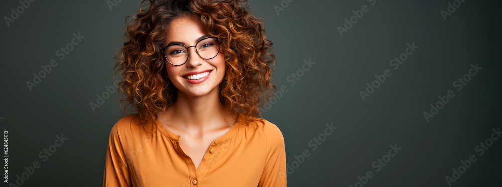 Fröhliche, zufriedene Frau mit Brille, Portrait, transparenter Hintergrund mit platz für Text. Generiert mit KI