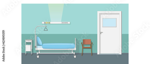 Intensive therapy room with bed, window and medical equipment. Hospital emergency room interior vector.illustration.
