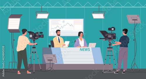 Television presenter, cameraman & assistant working in green screen studio with stage lighting equipment, microphone and professional camera. Video production & broadcasting. Flat vector illustration 