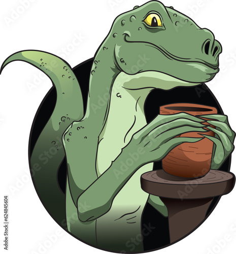 green T-REX dinosaur doing pottery