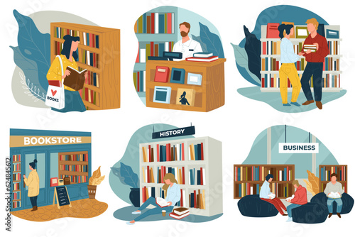 Bookstore or public library with visitors reading