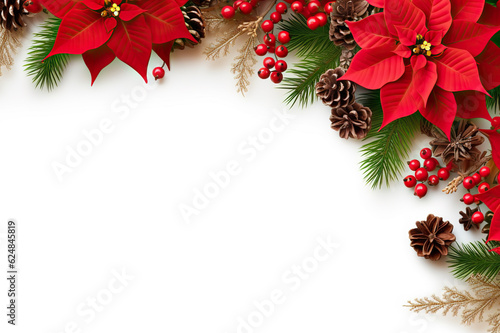 Festive Christmas Decoration Frame with Red Poinsettia Flowers, Christmas Tree Branch, and Berries on White Background. created with Generative AI