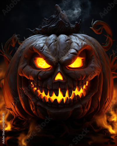 Portrait of a evil Halloween pumpkin Jack-o-lantern. Artwork poster design. Ai generative illustration © ArtmediaworX