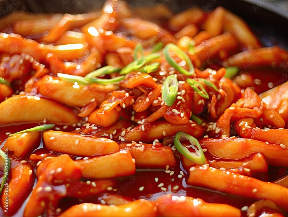 Top view flat lay shot of rabokki, tkeokbokki or topokki with ramen, a Korean street food spicy rice cakes in red pepper gochujang sauce and sesame seed. Generative AI. Top view flat lay shot of rabokki, tkeokbokki or topokki with ramen, a Korean street food spicy rice cakes in red pepper gochujang sauce and sesame seed. Generative AI.
