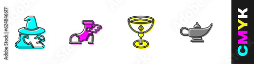 Set Witch, Hermes sandal, Medieval goblet and Magic lamp or Aladdin icon. Vector