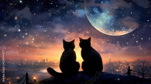 2 cats in the night, looking at the moon