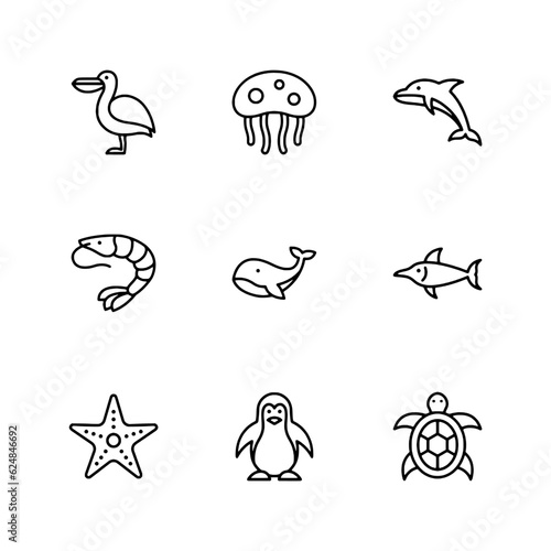 Set of Ocean animals icon for web mobile app simple line basic design