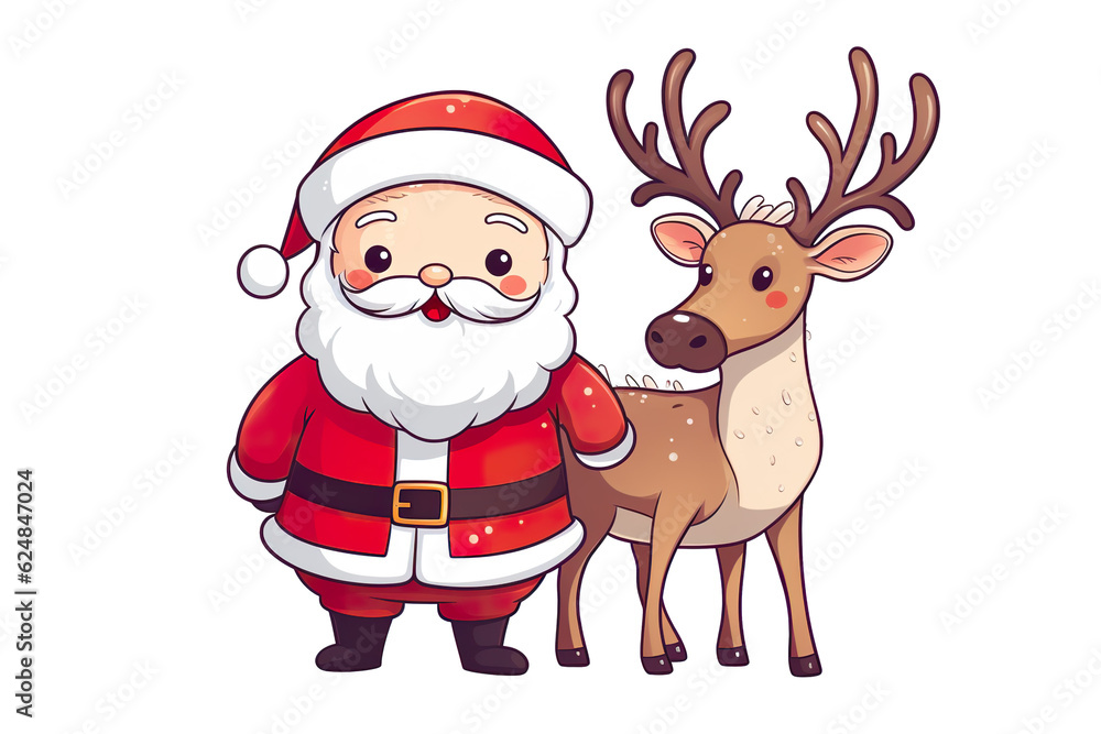 cute santa claus smiling and reindeer, white isolated background,cartoon style PNG cute santa claus smiling and reindeer, white isolated background,cartoon style PNG